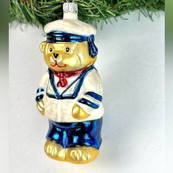 Navy Teddy Bear Glass Christmas Ornament made in Germany Hand Painted - Picture 2 of 9